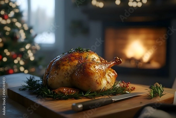 Fototapeta Golden roasted capon, chapon rôti, on a wooden board with rosemary and festive herbs, a knife beside it on a Christmas-decorated table. Cozy modern apartment with fireplace, tree, and snowy pine view