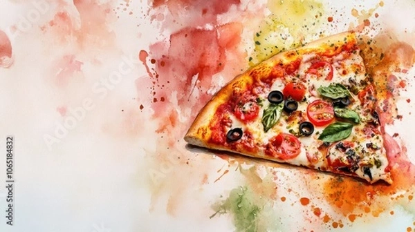 Obraz Abstract pizza slice with vibrant toppings on a soft watercolor background, inspired by Italian cuisine