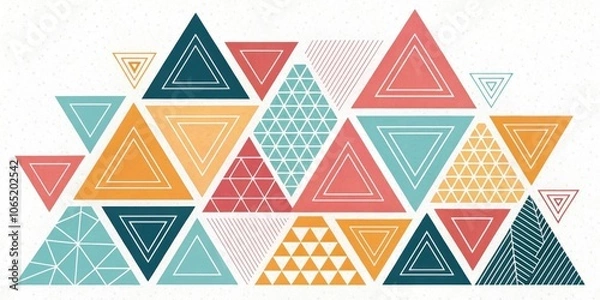 Obraz A vibrant and bold abstract design featuring a multitude of multicolored triangles, each adorned with a unique geometric pattern, creating a captivating visual rhythm.