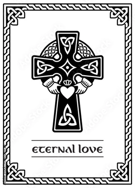 Obraz Irish poster with Celtic cross with Claddagh ring - heart and hands vector design - St Patrick's Day celebration in Ireland
