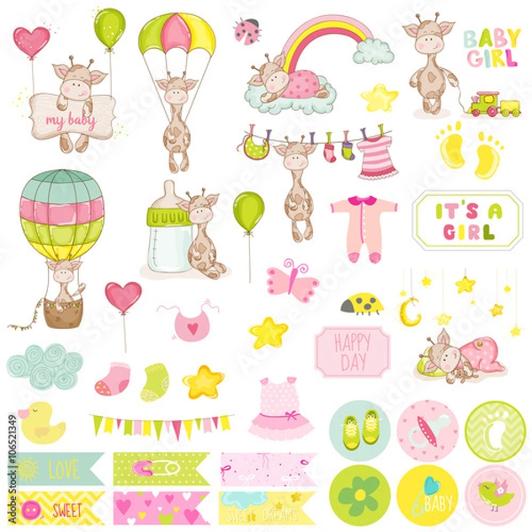 Obraz Baby Boy Giraffe Scrapbook Set. Vector Scrapbooking. Decorative Elements