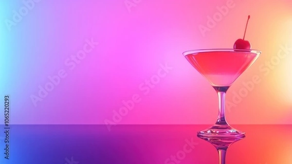 Obraz Minimalist cocktail glass with a cherry garnish on a neon-inspired background, evoking nightlife