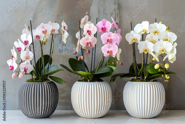 Obraz  Eleganckie doniczki z pięknymi orchideami w odcieniach bieli i różu, ustawione w harmonijnej kompozycji na tle neutralnej ściany.