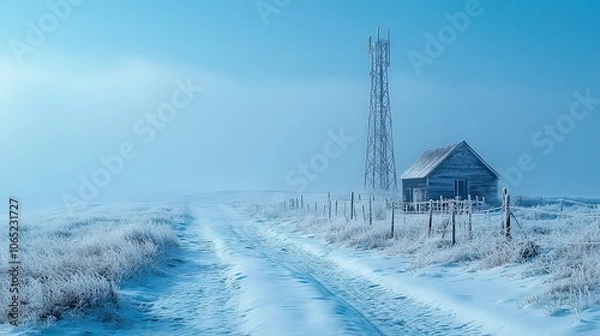 Fototapeta  Snow-covered rural path leading to a lonely cabin under a pale blue winter sky. Frost blankets everything, evoking isolation, tranquility, and a serene winter atmosphere.