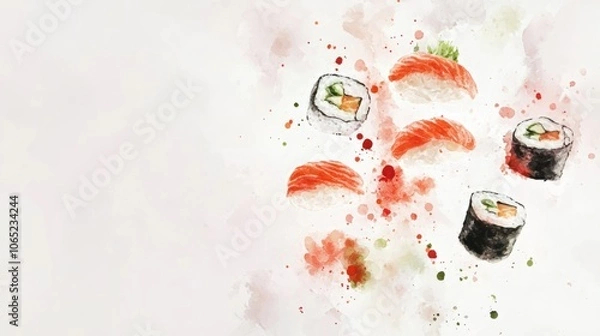 Obraz Watercolor of sushi roll ingredients floating on a subtle background, inspired by Japanese art