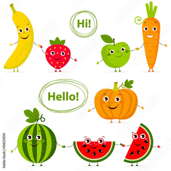 Obraz Funny fruits and vegetables with eyes in flat style. Carrot, strawberry, .pumpkin, watermelon, banana, apple. Colorful Vector Clip art. Isolated illustration on white