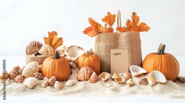 Obraz Autumn Harvest Decor with Pumpkins and Shells