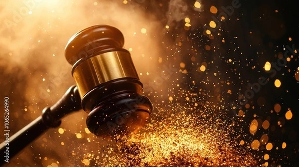 Fototapeta Golden gavel radiating celestial light beams to represent high fidelity in justice
