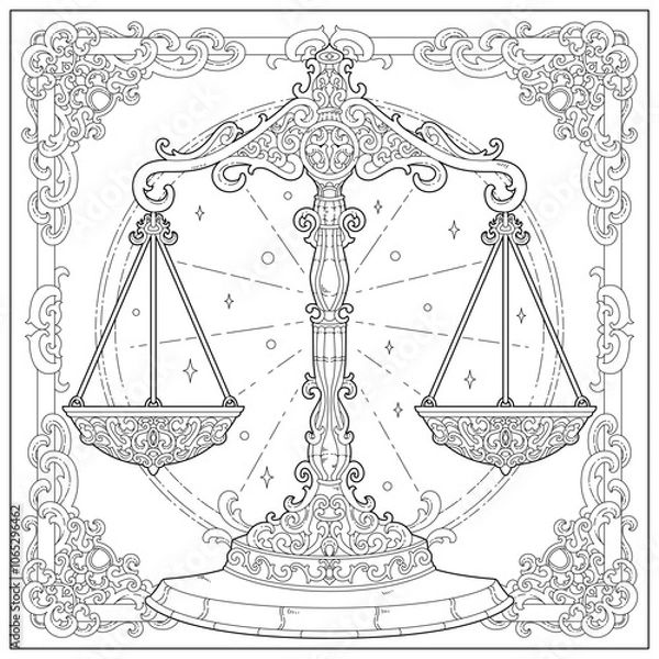 Fototapeta Fantasy balancing scale with carving ornament and border. Learning and education coloring page illustration for adult and children. Vector outline style, black and white drawing.