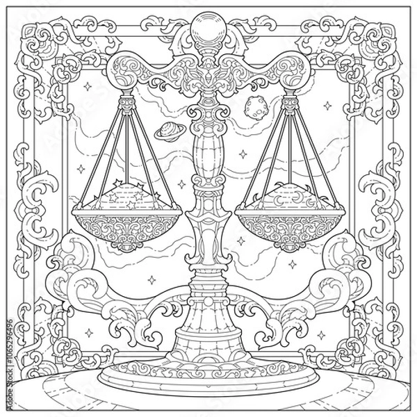 Fototapeta Fantasy balancing scale with carving ornament and border. Learning and education coloring page illustration for adult and children. Vector outline style, black and white drawing.