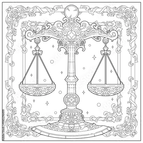 Fototapeta Fantasy balancing scale with carving ornament and border. Learning and education coloring page illustration for adult and children. Vector outline style, black and white drawing.