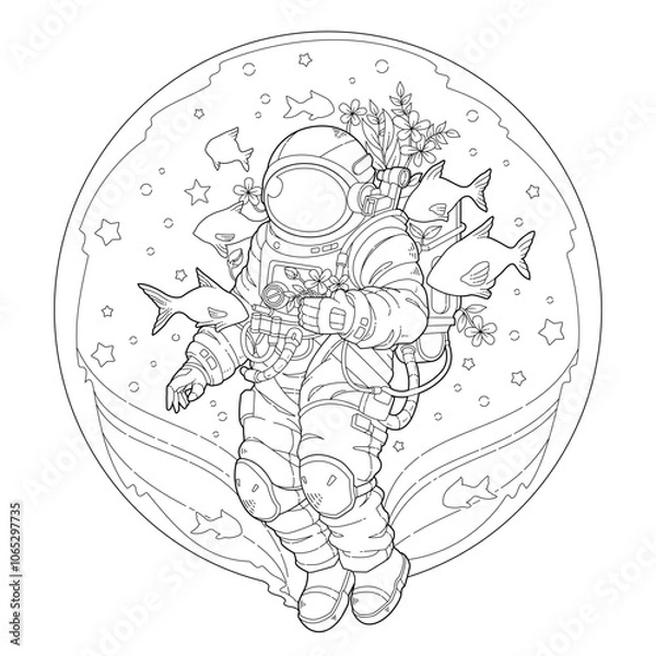 Fototapeta Fantasy astronaut is floating in a bubble of water with fish. Learning and education coloring page illustration for adult and children. Vector outline style, black and white drawing.
