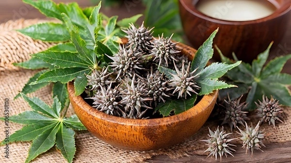 Fototapeta Spiky seeds of the Jatropha curcas plant in a wooden bowl, surrounded by leaves and a small bowl of oil.