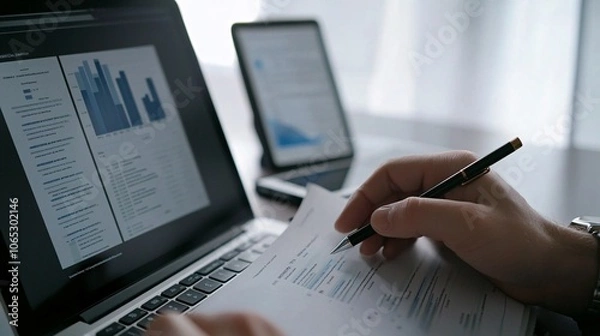 Fototapeta A macro shot of hands flipping through a financial report, with a laptop and a smartphone displaying business data in the background