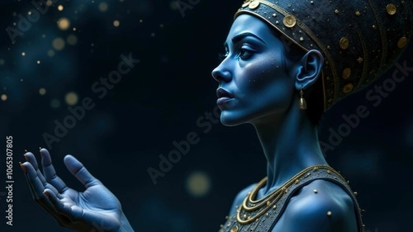 Obraz Profile of Nut, Egyptian goddess, with a focused and intense expression under a night sky, representing celestial authority