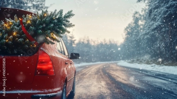 Fototapeta Christmas tree in the open trunk of a car on a snowy road, Merry Christmas and Happy New Year