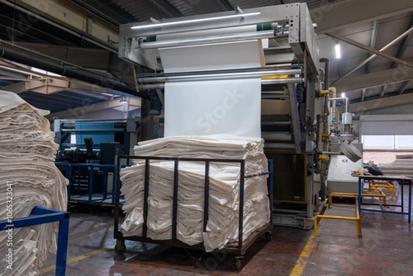 Fototapeta Fabric batching process machine industrial plant line in a textile factory.