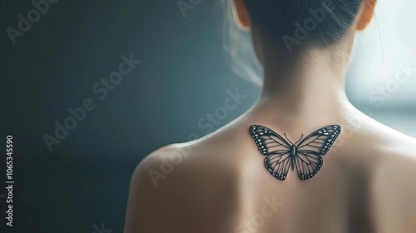 Obraz A woman with a butterfly tattoo on her back, symbolizing transformation, high detail, dark background, soft light accenting tattoo