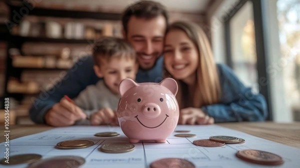 Fototapeta Piggy Bank on a Budget Sheet with Family in Background