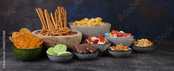 Fototapeta Salty and sweet snacks. Pretzels, chips, crackers, popcorn in wooden bowls on table