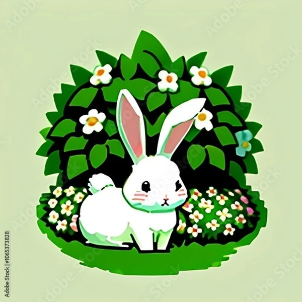 Obraz  The image shows a white rabbit sitting on a bed of flowers, surrounded by green foliage.