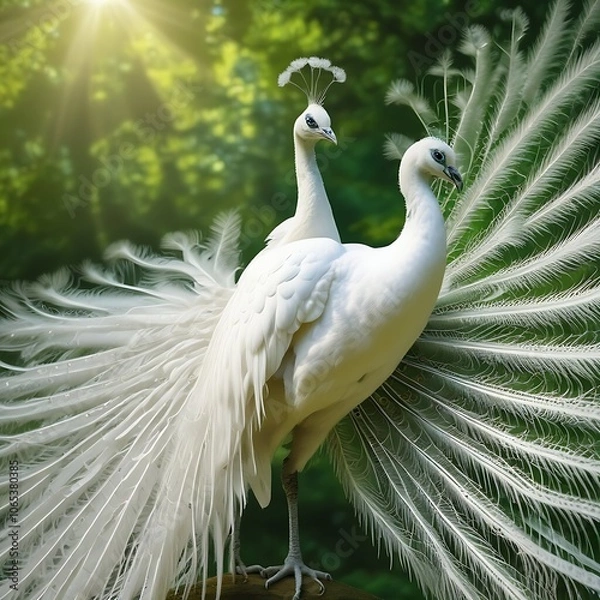 Obraz  The image shows two white peacocks with their vibrant tail feathers spread out, standing on a tree branch in a sunlit environment.