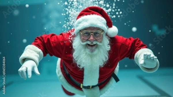 Fototapeta Santa Claus with glasses and a white beard swims in a pool underwater