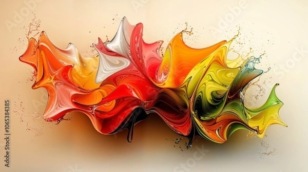 Fototapeta Abstract colorful swirling paint splashes in vibrant tones of red, orange, yellow, and green with smooth, glossy texture.