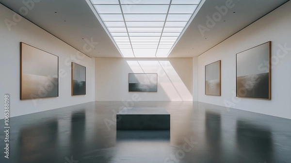 Fototapeta Minimalist Art Gallery With Natural Light: Spacious Room Featuring Large Monochromatic Paintings On White Walls, Illuminated By Sunlight Through A Skylight Ceiling, Creating A Serene And Reflective At