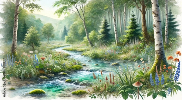 Fototapeta A serene landscape depicting a crystal-clear stream flowing through a lush, vibrant forest teeming with colorful flowers and trees.