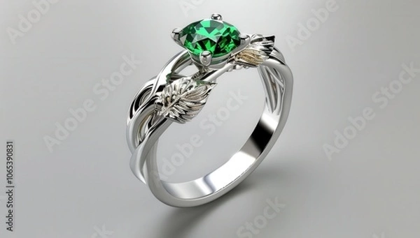 Obraz Elegant white gold ring featuring emerald, inspired by leaves and vines