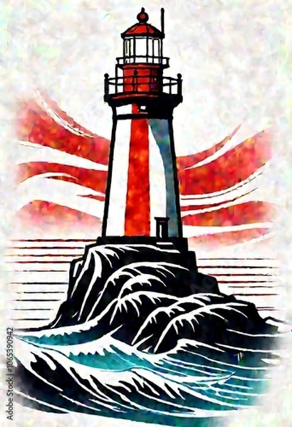 Fototapeta  The image is a digital painting of a lighthouse on a rocky shore. The lighthouse is red and white.