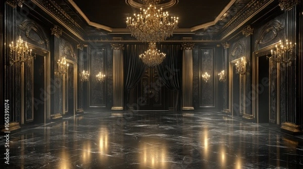 Obraz Luxurious ballroom interior shining with golden chandeliers and marble floor