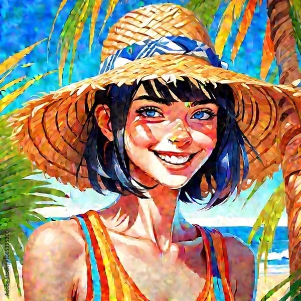 Fototapeta  The image is a digital artwork of a smiling girl wearing a straw hat, standing on a beach with palm trees in the background.
