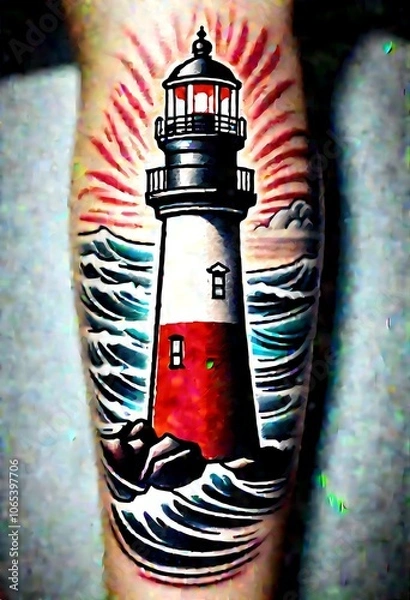 Fototapeta  The image shows a tattoo of a lighthouse with the sun rising behind it. The lighthouse is white and red with a black top.