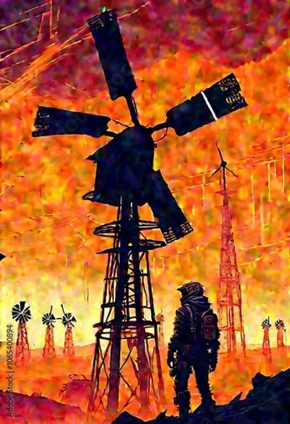 Fototapeta  The image depicts a desolate landscape, where a lone figure stands, silhouetted against a vibrant sunset. The sky is ablaze with hues of orange, red, and yellow, while the ground is bathed in a warm 