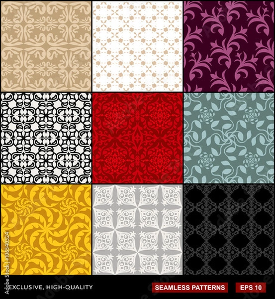 Fototapeta Retro backgrounds set, vintage ornaments, floral  seamless patterns
