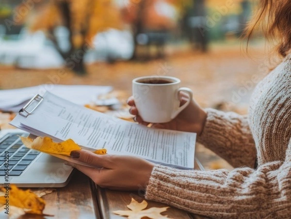 Fototapeta Woman holding a coffee mug while reading documents, cozy autumn setting 