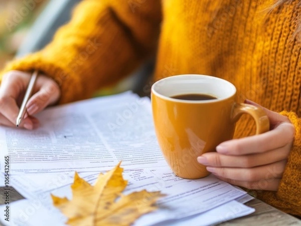 Fototapeta Woman holding a coffee mug while reading documents, cozy autumn setting 