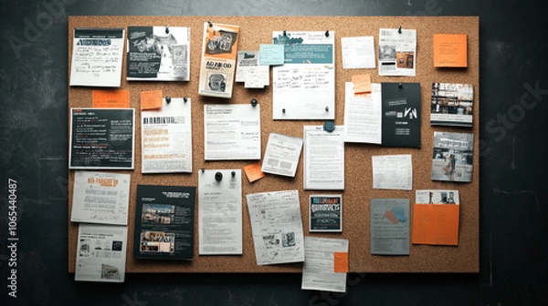 Obraz Cork bulletin board with various papers, flyers, and notes pinned, including event announcements, informational sheets, and handwritten reminders in a classroom or office setting.