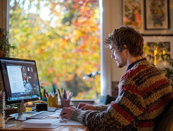 Fototapeta Person in a sweater, focused on work at a desk, with fall leaves visible outside