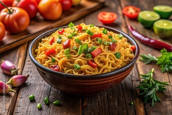 Fototapeta Irresistibly cooked Maggi noodles styled under studio lighting, perfect for captivating food photography and sparking culinary creativity in your kitchen adventures.
