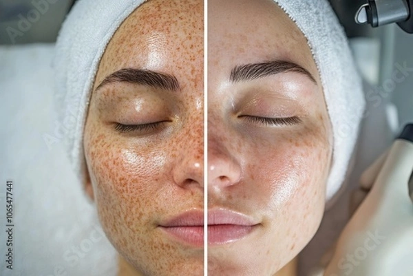 Fototapeta before and after photo of woman with pigmentation on her face, concept of beauty and skin health, sun protection and spf