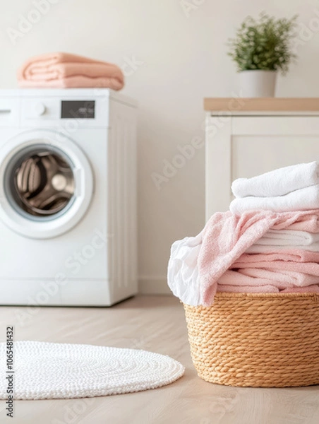 Fototapeta Modern Laundry Room with Fresh Towels and Appliances