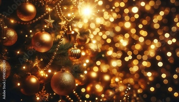 Fototapeta Close-up of a beautifully decorated Christmas tree adorned with golden ornaments, sparkling lights, and delicate beads. The warm bokeh effect creates a festive ambiance.