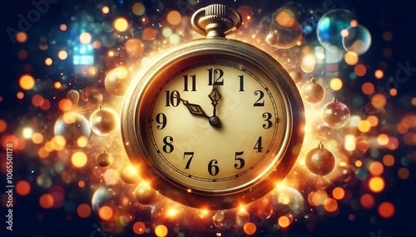 Fototapeta Close-up of a vintage pocket watch showing midnight surrounded by festive lights and bokeh. Perfect for New Year’s Eve, countdown themes, holiday celebrations, and time concepts.