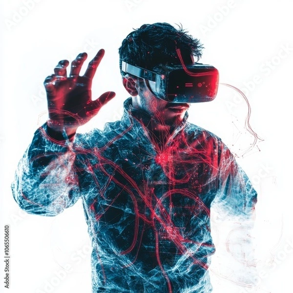 Fototapeta a guy using trends technology like VR glasses or IOT, white canva, flat, 
