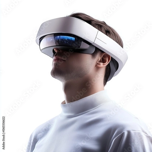 Fototapeta a guy using trends technology like VR glasses or IOT, white canva, flat, 