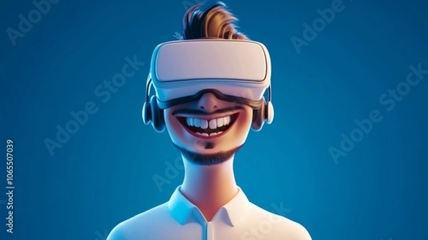 Fototapeta a smiling cartoon man with a white virtual reality headset blue background, in the style of vray tracing, simplified and stylized portraits,  