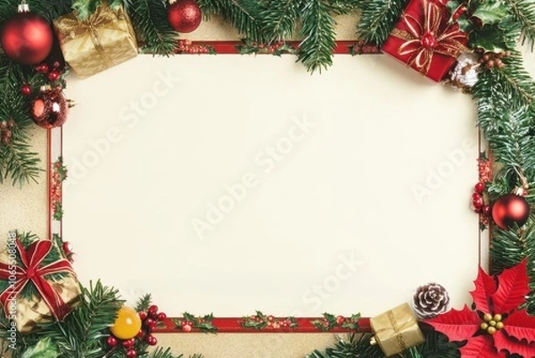 Obraz Blank gift certificate with holiday borders, Christmas placeholder, gifting theme